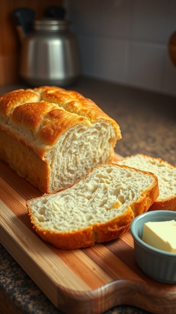 Simple Bread Machine Quick Bread Recipe A golden brown loaf of quick bread sliced on a cutting board with butter.